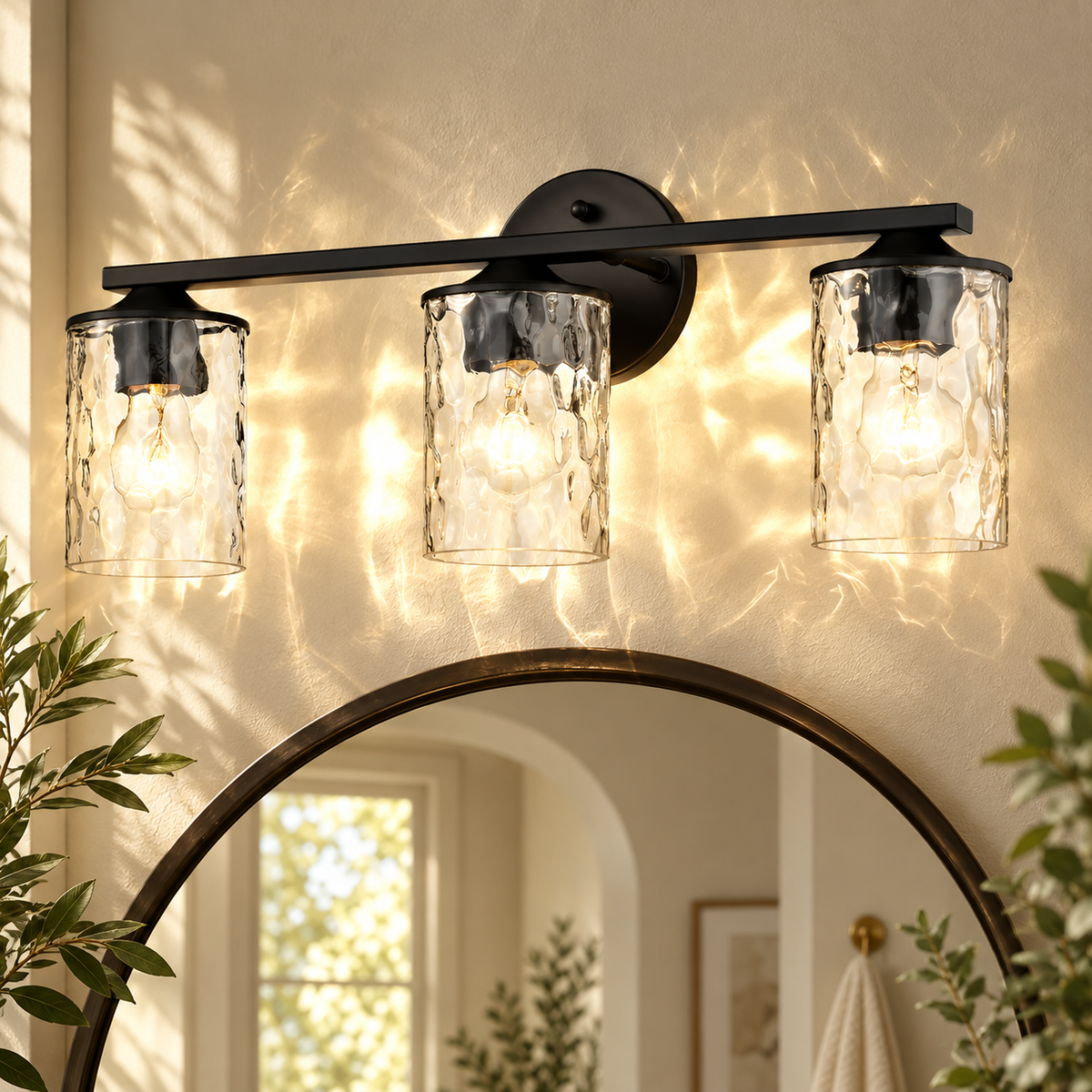 3-Light 21-In. Matte Black Vanity Light with Hammered Clear Glass Shades