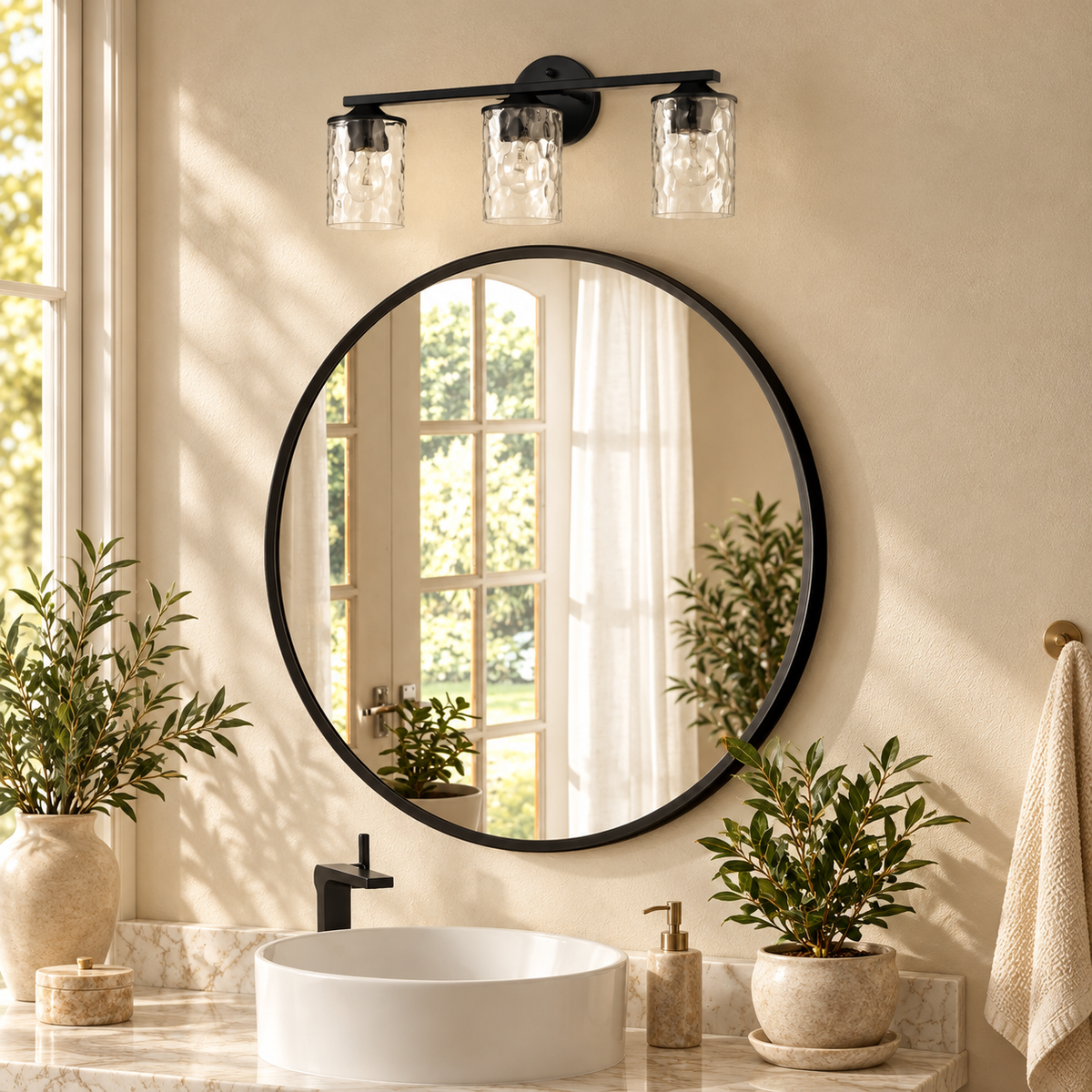 3-Light 21-In. Matte Black Vanity Light with Hammered Clear Glass Shades