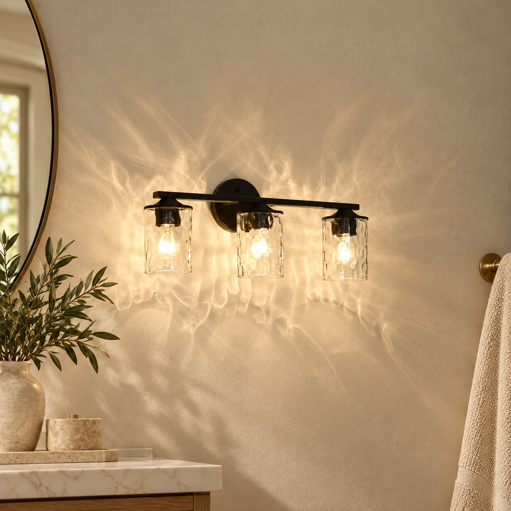 3-Light 21-In. Matte Black Vanity Light with Hammered Clear Glass Shades