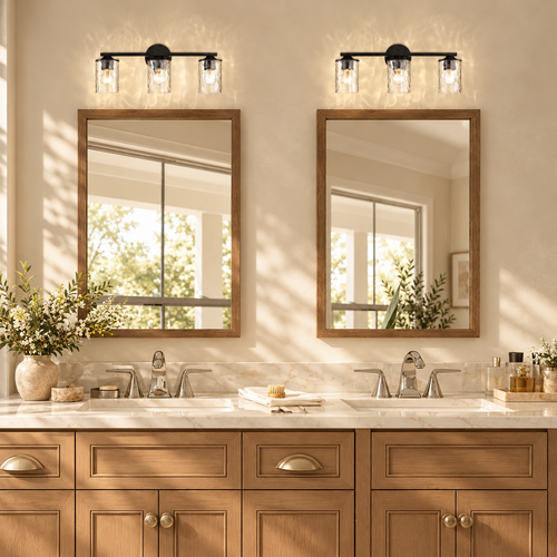 3-Light 21-In. Matte Black Vanity Light with Hammered Clear Glass Shades