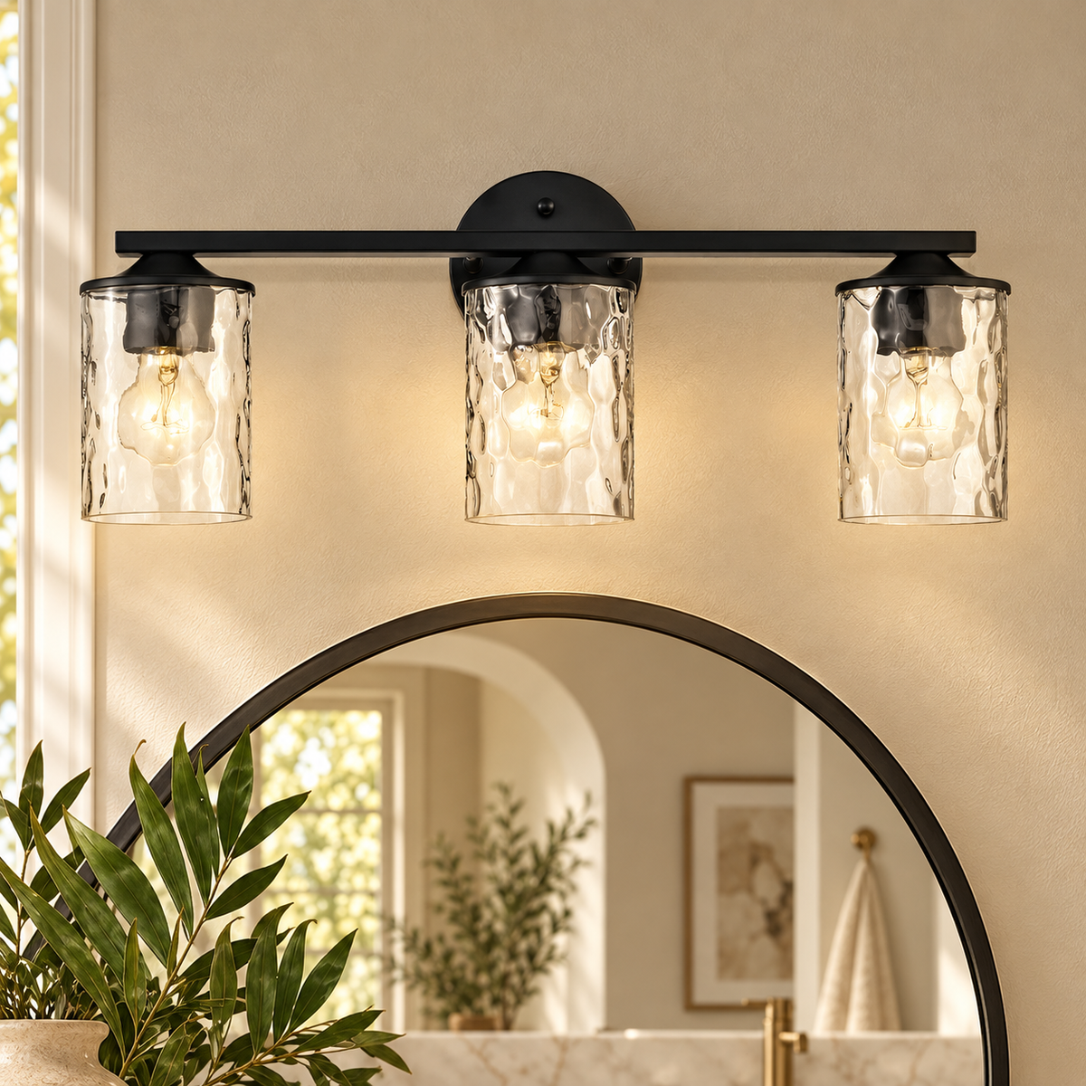 3-Light 21-In. Matte Black Vanity Light with Hammered Clear Glass Shades
